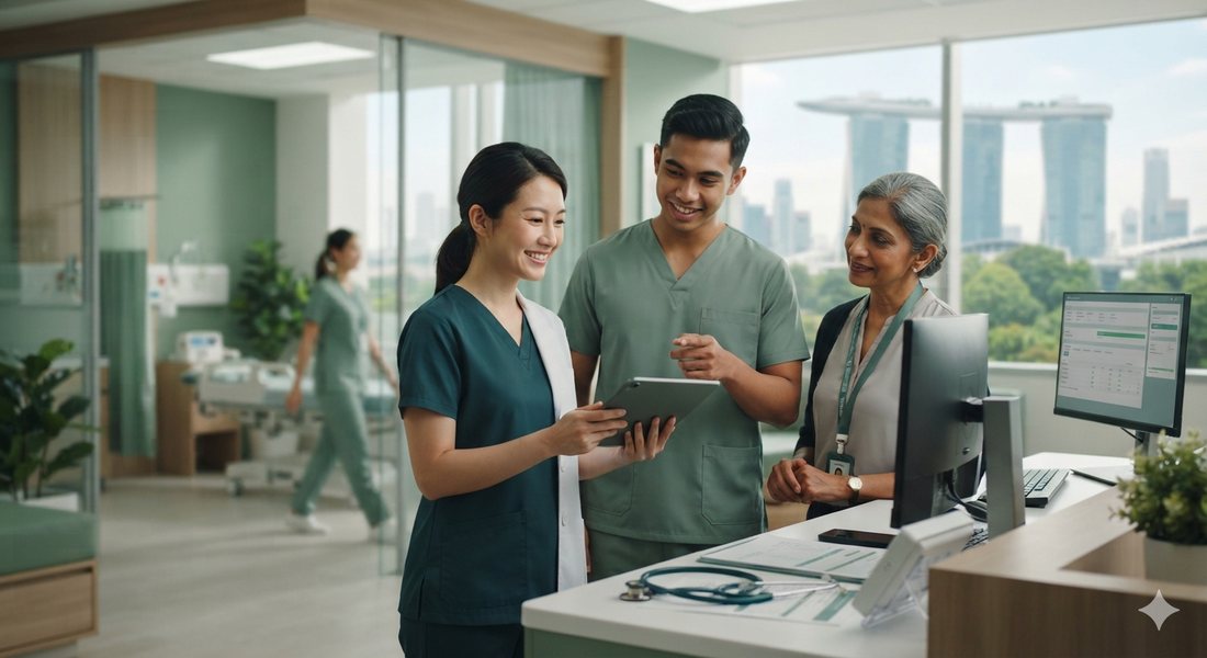 Clinical staff reviewing patient information together on a tablet at a care station